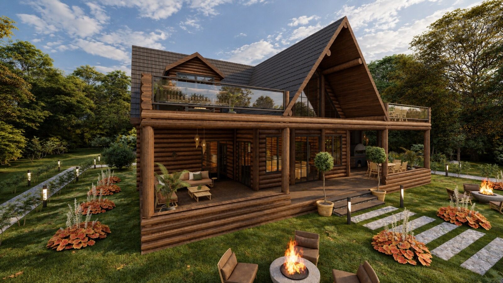 Verandadan bahçeye açılan oturma alanları