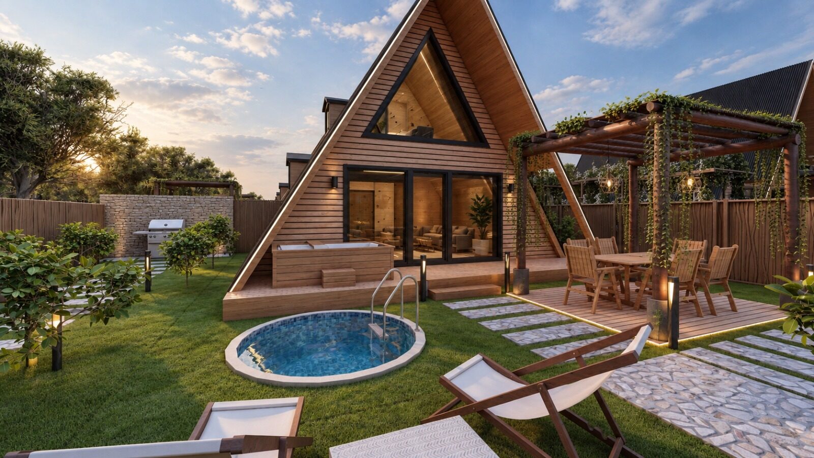 Villa önü ve yuvarlak havuz