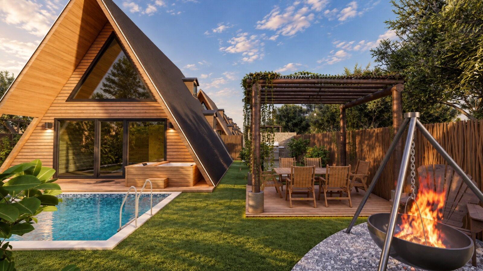 Havuz, pergola ve ateş çukuru