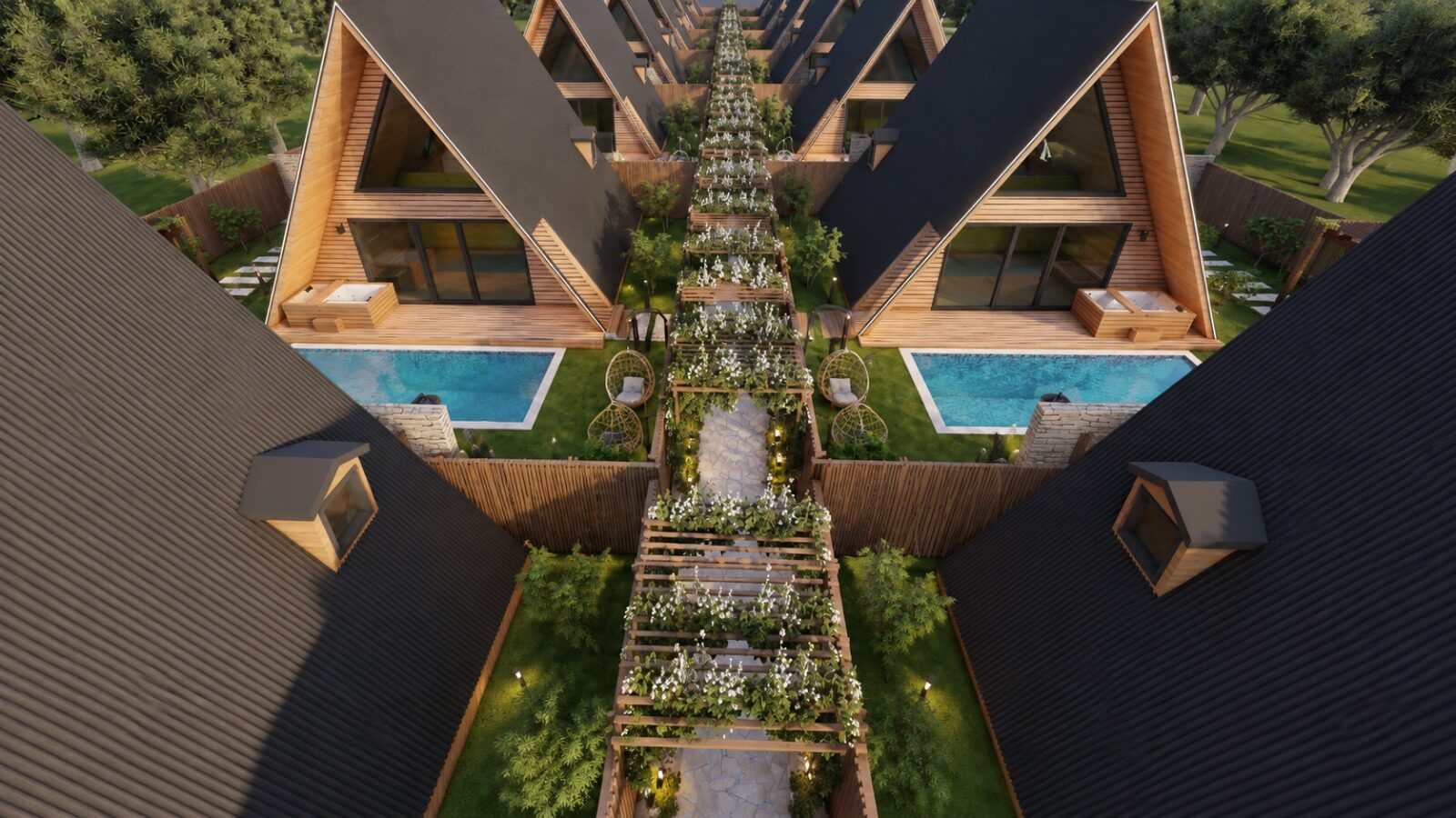 İki sıra villa arasındaki yeşil yol